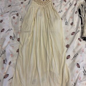 Cream Halter Maxi Dress with Beaded Neckline
